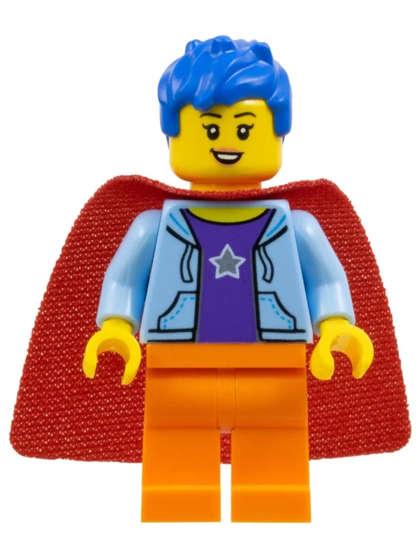 Super héros, torse bleu clair vif, jambes orange, cheveux bleus, cape (Super Hero, Bright Light Blue Torso, Orange Legs, Blue Hair, Cape)