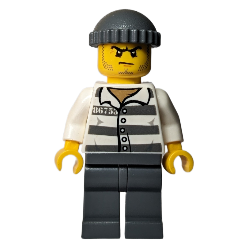 Bandit, chemise de prison avec #86753, jambes gris bleuté foncé, chapeau gris bleuté foncé (Criminal, Prison Shirt with #86753, Dark Bluish Gray Legs, Dark Bluish Gray Hat)
