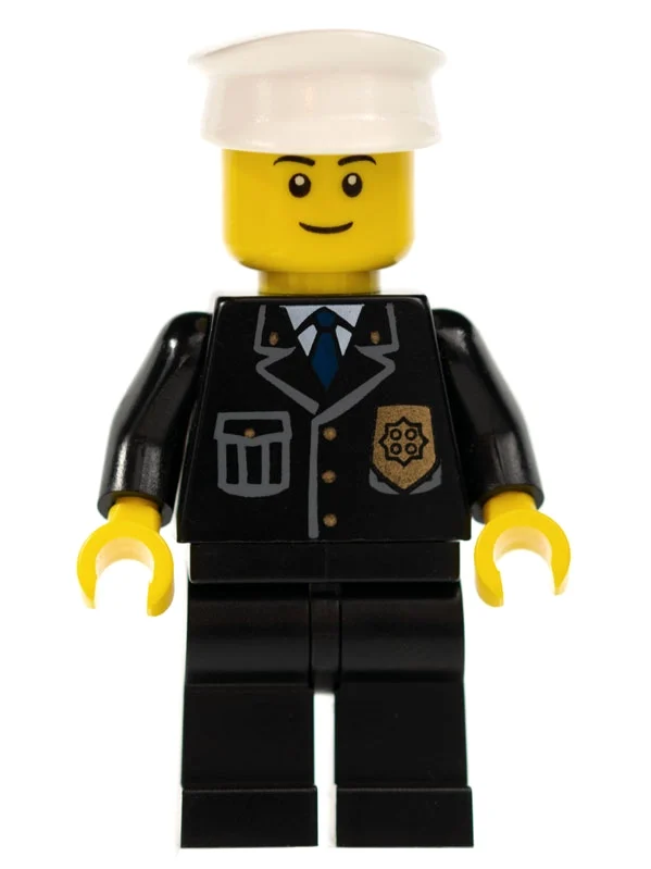 Policier, veste noire avec poche et badge, chapeau blanc, sourire, sourcils noirs (Policeman, Black Jacket with Pocket and Badge, White Hat, Smile, Black Eyebrows)