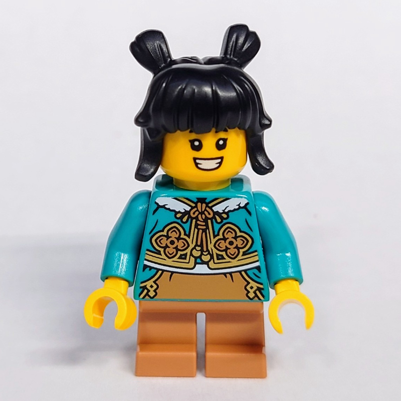Enfant, torse turquoise foncé, jambes nougat moyen, cheveux noirs (Kid, Dark Turquoise Torso, Medium Nougat Legs, Black Hair)