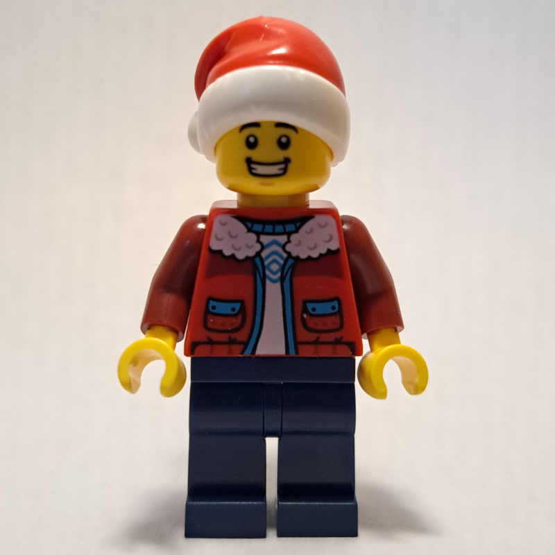 Homme, veste rouge, jambes bleu foncé, chapeau de père Noël (Man, Red Jacket, Dark Blue Legs, Santa Hat)
