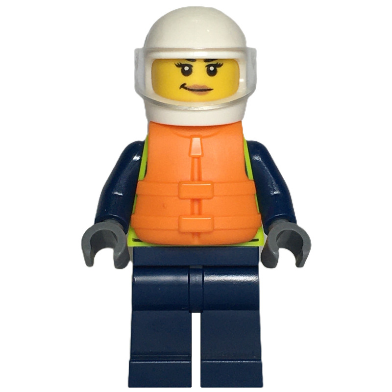 Policier, gilet de sécurité jaune vif, jambes bleu foncé, gilet de sauvetage orange, casque blanc (Police Officer, Vibrant Yellow Safety Vest, Dark BLue Legs, Orange Life Vest, White Helmet)