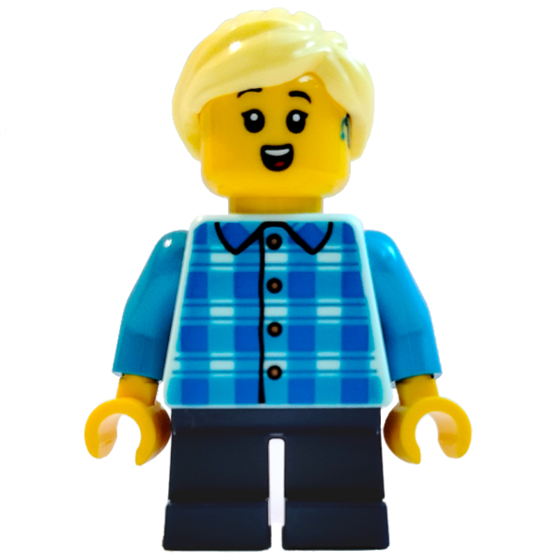 Fille, chemise à carreaux blanc et bleu, courtes jambes bleu foncé (Girl, White and Blue Plaid Shirt, Short Dark Blue Legs)