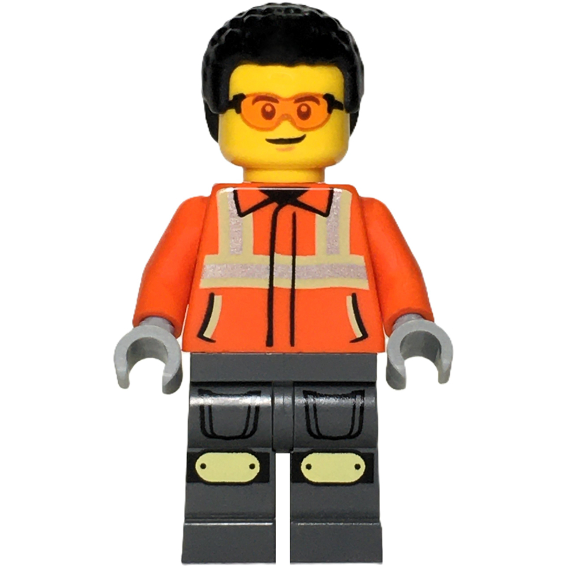 Ouvrier de chantier, veste orange rougeâtre, cheveux noirs (Construction Worker, Reddish Orange Jacket, Black Hair)