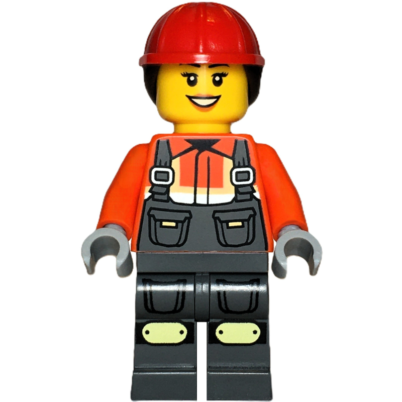 Ouvrier de chantier, veste orange rougeâtre, salopette, casque de chantier rouge avec cheveux (Construction Worker, Reddish Orange Jacket, Overall, Red Hard Hat with Hair)