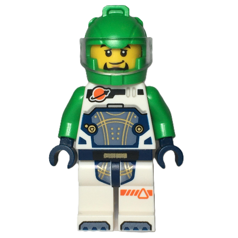 Astronaute, combinaison spatiale blanche, casque vert vif, barbe (Astronaut, White Spacesuit, Bright Green Helmet, Beard)