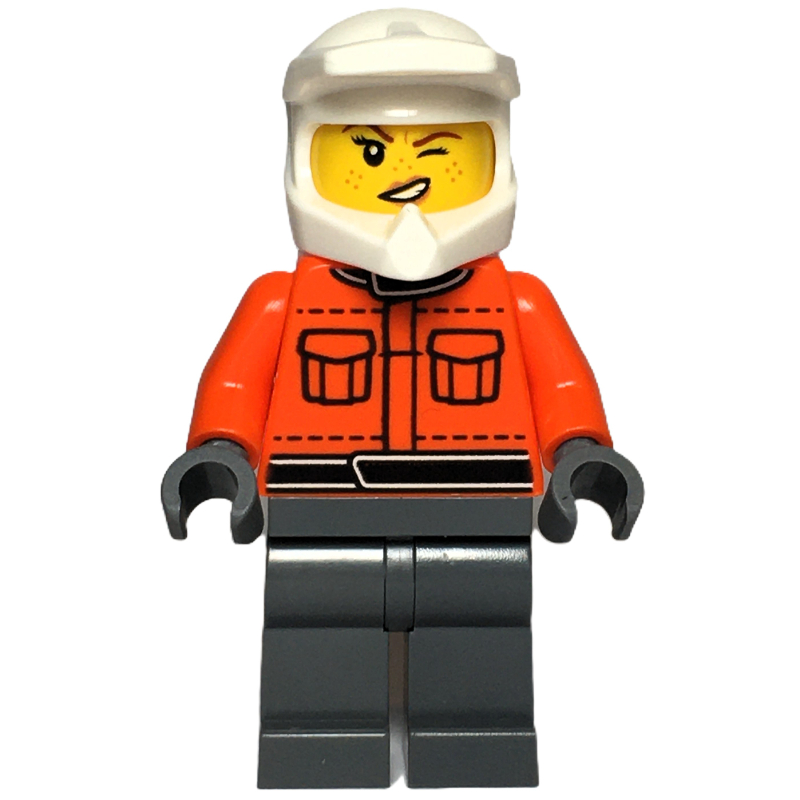 Crew, torse orange rougeâtre, jambes gris bleuté foncé, femme, clin d'œil (Pit Crew, Reddish Orange Torso, Dark Bluish Grey Legs, Female, Wink)