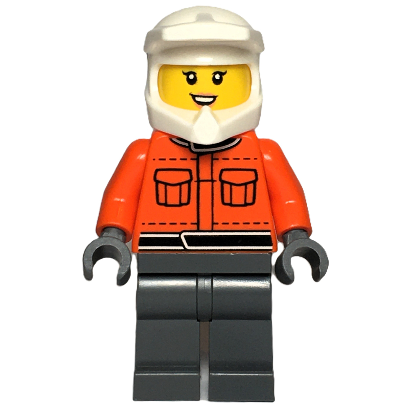 Crew, torse orange rougeâtre, jambes gris bleuté foncé, femme, sourire (Pit Crew, Reddish Orange Torso, Dark Bluish Grey Legs, Female, Smile)