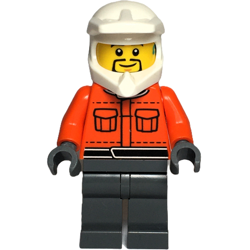 Crew, torse orange rougeâtre, jambes gris bleuté foncé, homme, barbe noire (Pit Crew, Reddish Orange Torso, Dark Bluish Grey Legs, Male, Black Beard)