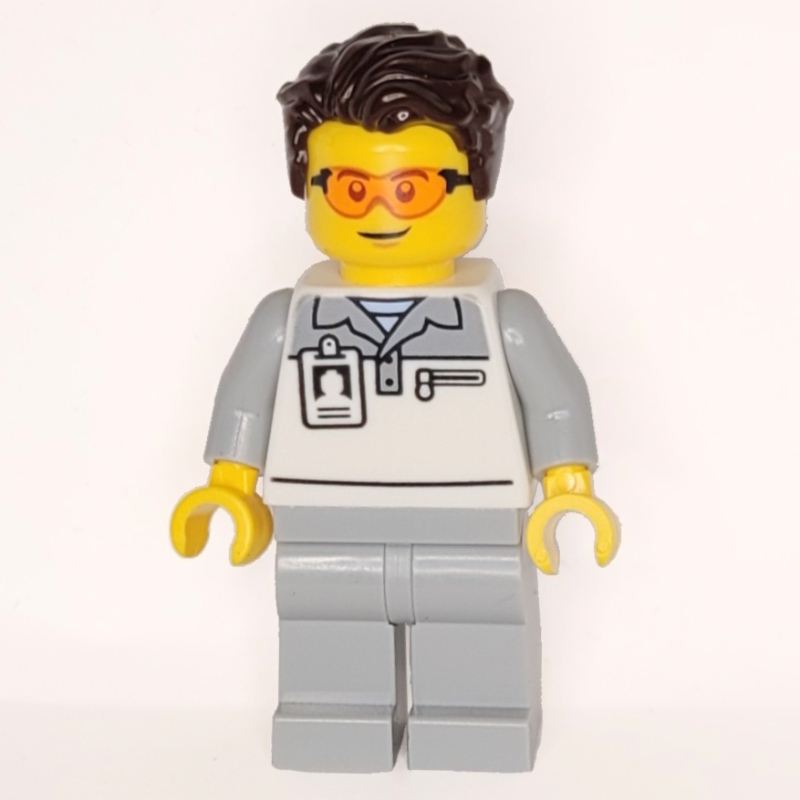 Travailleur de garage, tenue blanche et gris bleuté clair, cheveux brun foncé, lunettes (Garage Worker, White/Light Bluish Grey Suit, Dark Brown Hair, Glasses)