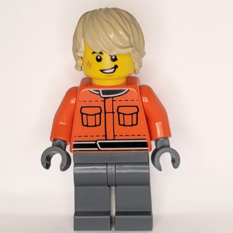 Crew, torse orange rougeâtre, jambes gris bleuté foncé, cheveux beiges (Pit Crew, Reddish Orange Torso, Dark Bluish Grey Legs, Tan Hair)