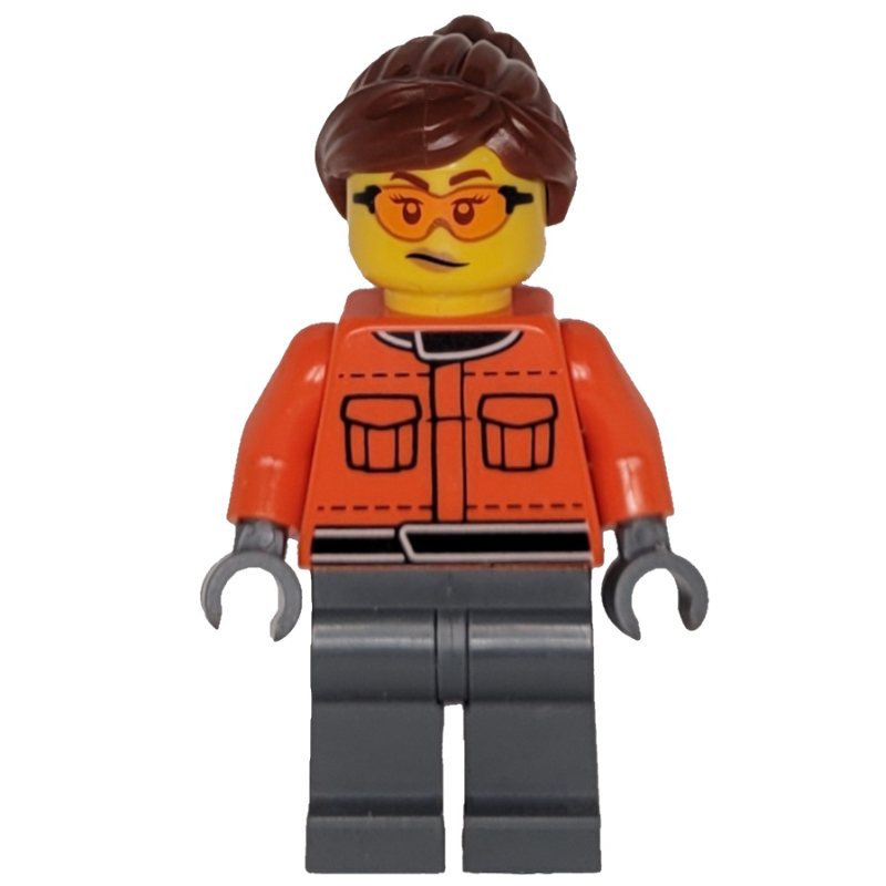 Crew, torse orange rougeâtre, jambes gris bleuté foncé, femme, cheveux brun rougeâtre (Pit Crew, Reddish Orange Torso, Dark Bluish Grey Legs, Female, Reddish Brown Hair)