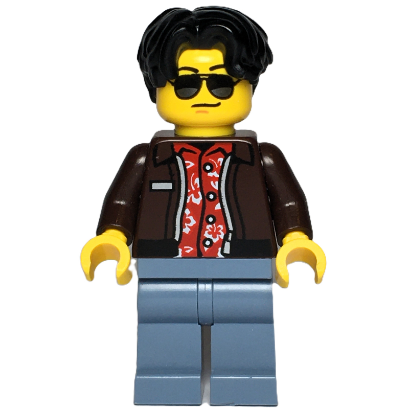 Conducteur de voiture, veste brun foncé, jambes bleu sable (Car Driver, Dark Brown Jacket, Sand Blue Legs)