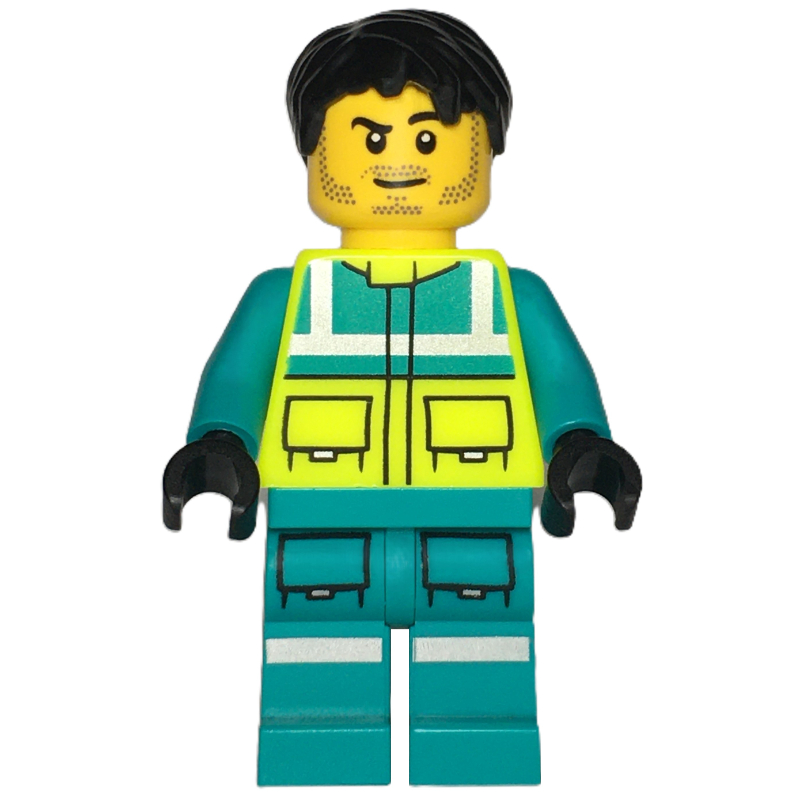Secouriste, gilet de sécurité jaune vif, jambes turquoise foncé, cheveux noirs (Paramedic, Vibrant Yellow Safety Vest, Dark Turquoise Legs, Black Hair)