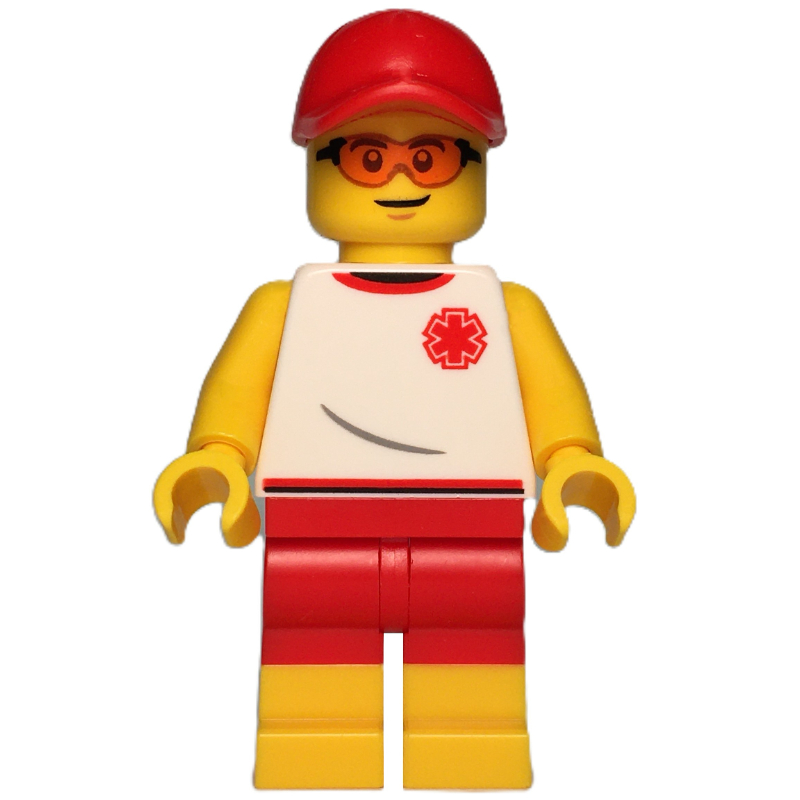 Gilet de sauvetage, torse blanc, court rouge, bonnet rouge (Life Guard, White Torso, Red Shorts, Red Cap)