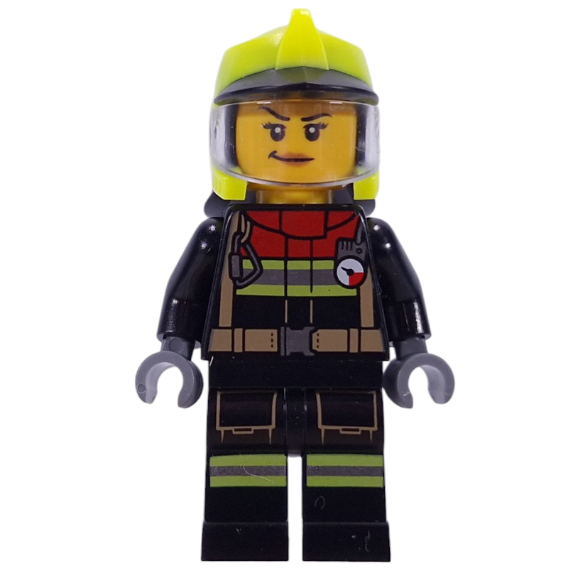 Pompier, tenue de pompier noire, casque jaune éclatant, visière (Firefighter, Black Fire Suit, Vibrant Yellow Helmet, Visor)
