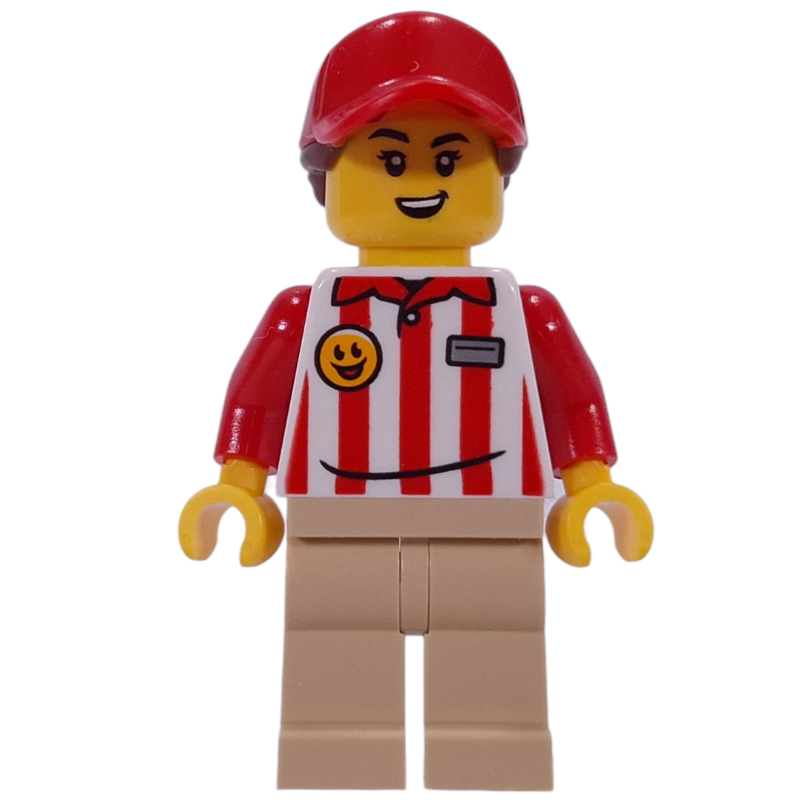 Hotdog vender, chemise rayée rouge/blanche, jambes beiges, casquette rouge (Hotdog Vender, Red/White Stripes Shirt, Tan Legs, Red Cap)