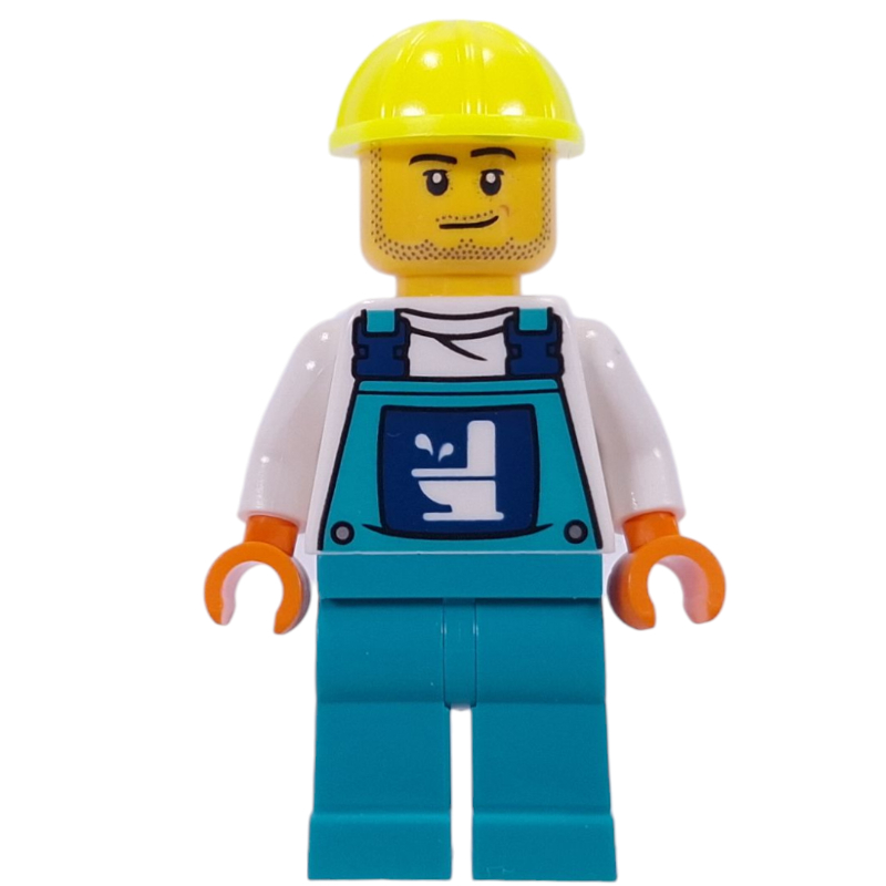 Plombier, chemise blanche, ensemble turquoise foncé, chapeau jaune vif (Plumber, White Shirt, Dark Turquoise Overall, Vibrant Yellow Hat)