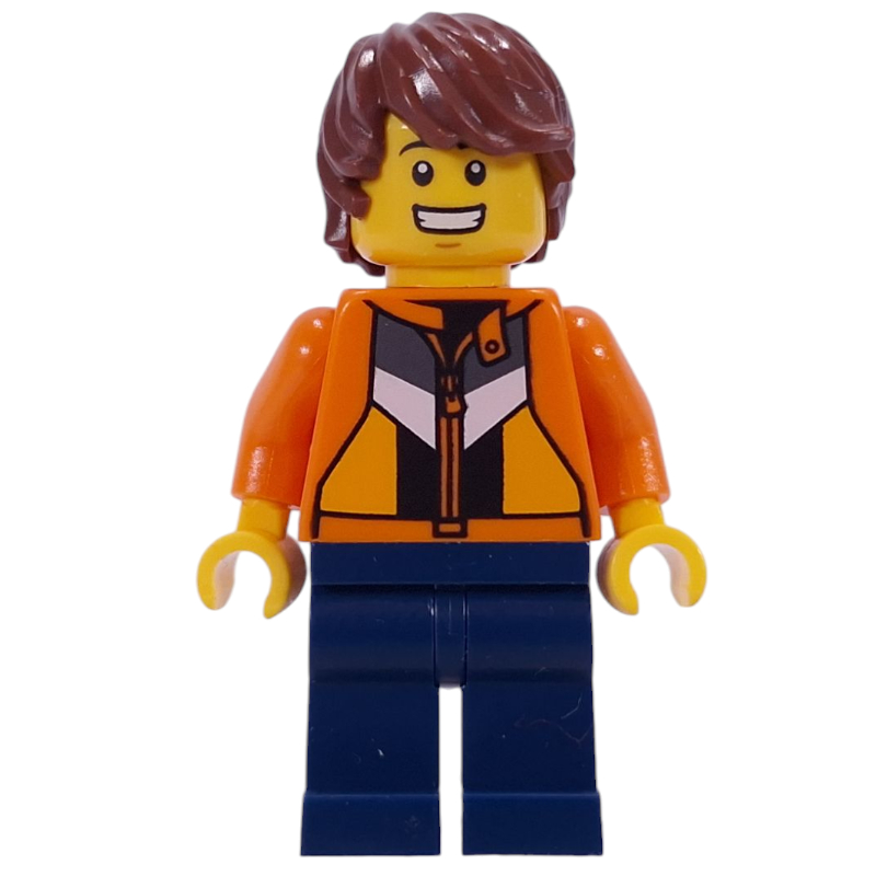 Juste jason, vlogger, veste orange, jambes bleu foncé, cheveux brun rougeâtre (Just Jason, Vlogger, Orange Jacket, Dark Blue Legs, Reddish Brown Hair)