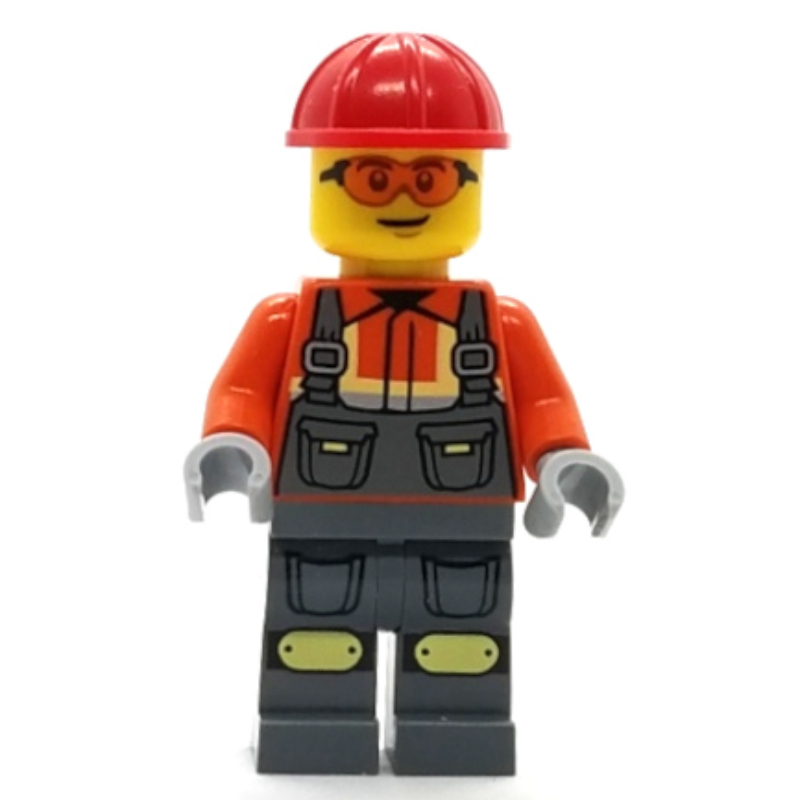 Ouvrier de chantier, chemise orange foncé, jambes gris bleuté foncé, casque de chantier rouge (Construction Worker, Dark Orange Shirt, Dark Bluish Gray Legs, Red Hard Hat)