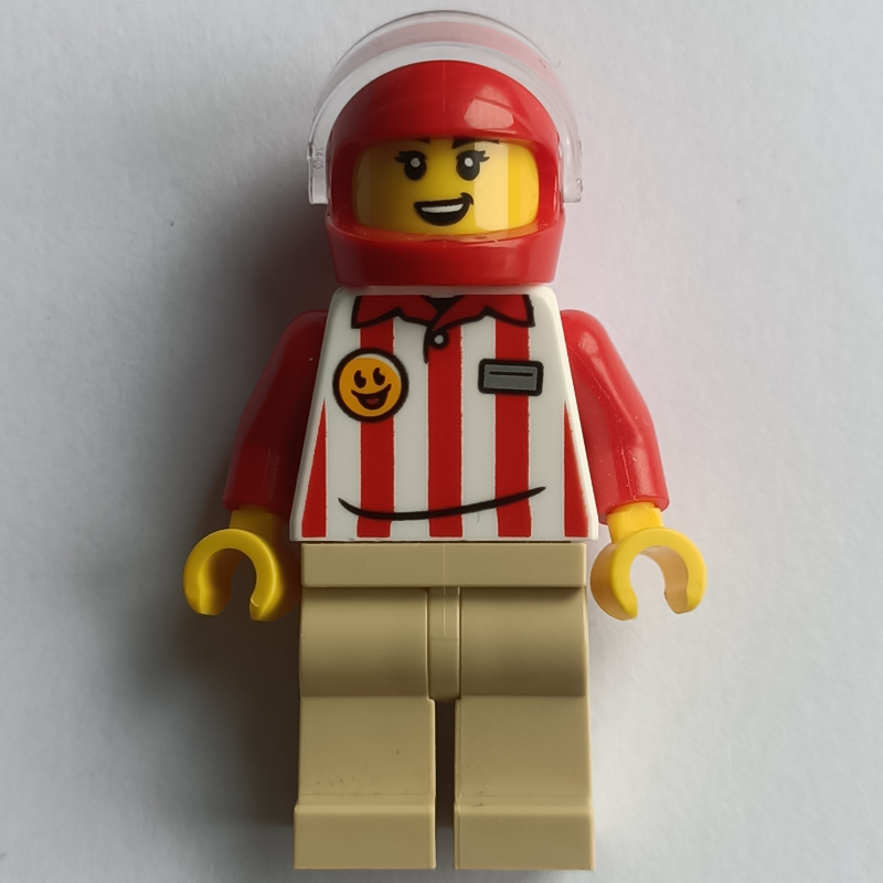 Hotdog vender, chemise rayée rouge/blanche, jambes beige, casque rouge (Hotdog Vender, Red/White Stripes Shirt, Tan Legs, Red Helmet)