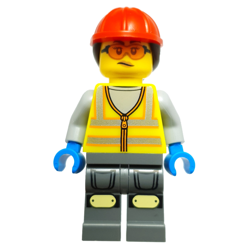 Mécanicien d'atelier, gilet de sécurité jaune vif, jambes gris bleuté foncé, casquette rouge, lunettes de sécurité orange (Workshop Mechanic, Vibrant Yellow Safety Vest, Dark Bluish Grey Legs, Red Cap, Orange Safety Glasses)