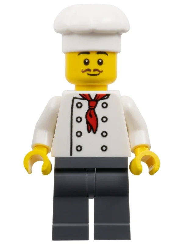 Chef - torse blanc, jambes gris bleuté foncé, chapeau blanc, moustache (Chef - White Torso, Dark Bluish Grey Legs, White Hat, Moustache)