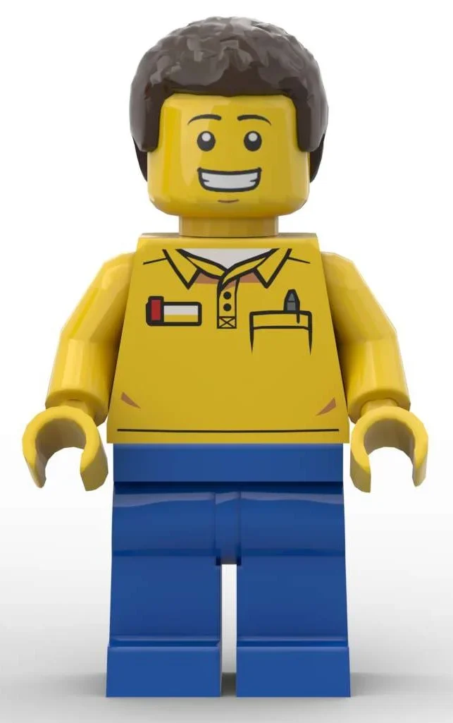 Employé LEGO, torse jaune, jambes bleues, cheveux brun rougeâtre (LEGO Employee, Yellow Torso, Blue Legs, Reddish Brown Hair)