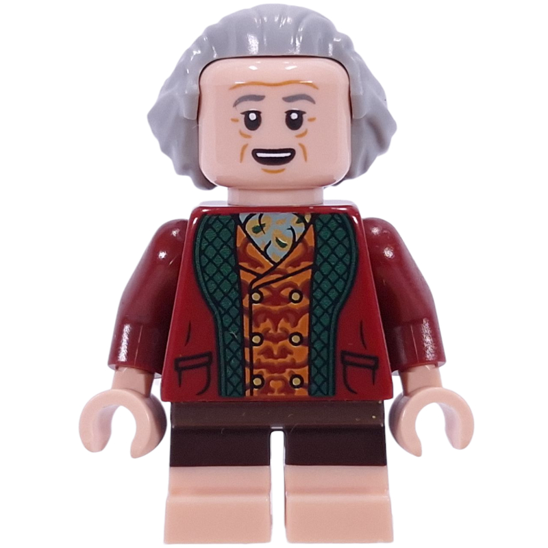 Bilbon Sacquet, cheveux gris bleuté clair, gilet rouge foncé (Bilbo Baggins, Light Bluish Grey Hair, Dark Red Vest)