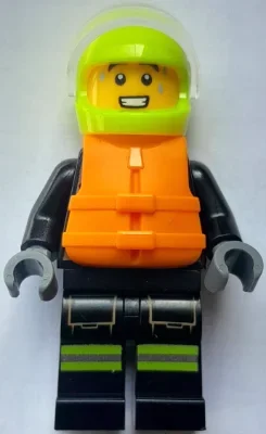 Pompier, costume de feu noir, casque jaune vibrant, gilet de sauvetage orange (Firefighter, Black Fire Suit, Vibrant Yellow Helmet, Orange Life Jacket)
