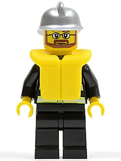 Pompier, veste de feu noir avec bandes réfléchissantes, radio et badge, casque argenté, gilet de sauvetage jaune 97895, barbe et lunettes (Fireman, Black Fire Jacket with Reflective Stripes, Radio, and Badge, Silver Helmet, Yellow Life Vest 97895, Beard and Glasses)