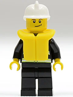Pompier, veste de feu noir avec bandes réfléchissantes, radio, et badge, casque blanc, gilet de sauvetage jaune 97895 (Fireman, Black Fire Jacket with Reflective Stripes, Radio, and Badge, White Helmet, Yellow Life Vest 97895)