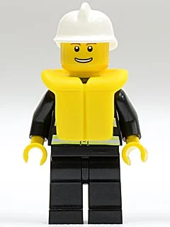 Pompier, veste de feu noir avec bandes réfléchissantes, radio et badge, casque blanc, gilet de sauvetage jaune 97895, bouche ouverte (Fireman, Black Fire Jacket with Reflective Stripes, Radio, and Badge, White Helmet, Yellow Life Vest 97895, Open Mouth)