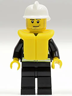 Pompier, veste de feu noir avec bandes réfléchissantes, radio et badge, casque blanc, gilet de sauvetage jaune 97895, barbe naissante (Fireman, Black Fire Jacket with Reflective Stripes, Radio, and Badge, White Helmet, Yellow Life Vest 97895, Stubble)
