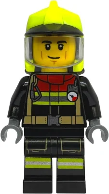 Pompier, tenue de pompier noire, casque jaune éclatant (Firefighter, Black Fire Suit, Vibrant Yellow Helmet)