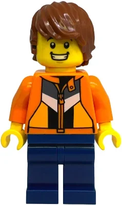 Juste jason, veste orange, jambes bleu foncé, cheveux brun rougeâtre (Just Jason, Orange Jacket, Dark Blue Legs, Reddish Brown Hair)