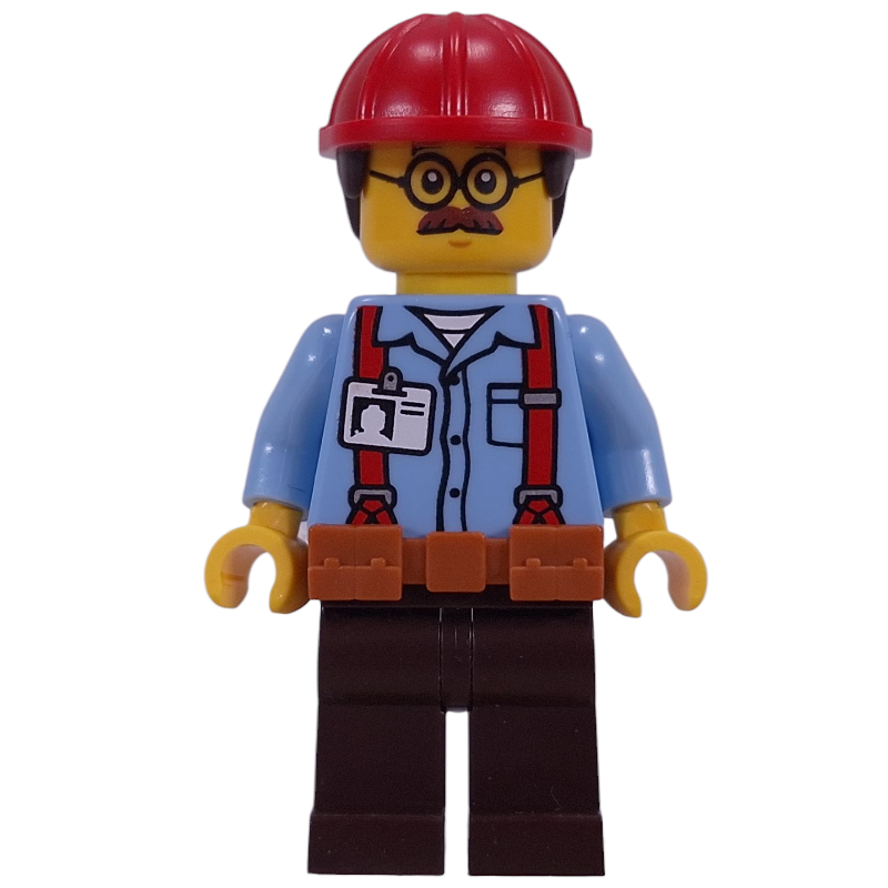 Ouvrier de chantier, ted brickle, chemise bleu clair vif, jambes brun rougeâtre, ceinture orange foncé, casque rouge (Construction Worker, Ted Brickle, Bright Light Blue Shirt, Reddish Brown Legs, Dark Orange Belt, Red Helmet)