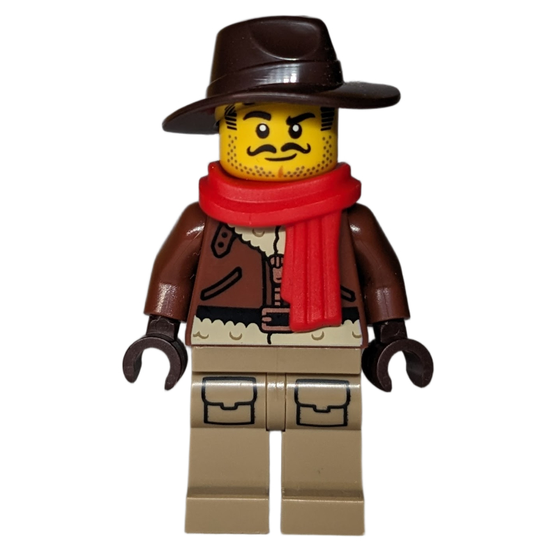 Explorateur, veste brun rougeâtre, chapeau brun foncé, écharpe rouge (Explorer, Reddish Brown Jacket, Dark Brown Hat, Red Scarf)