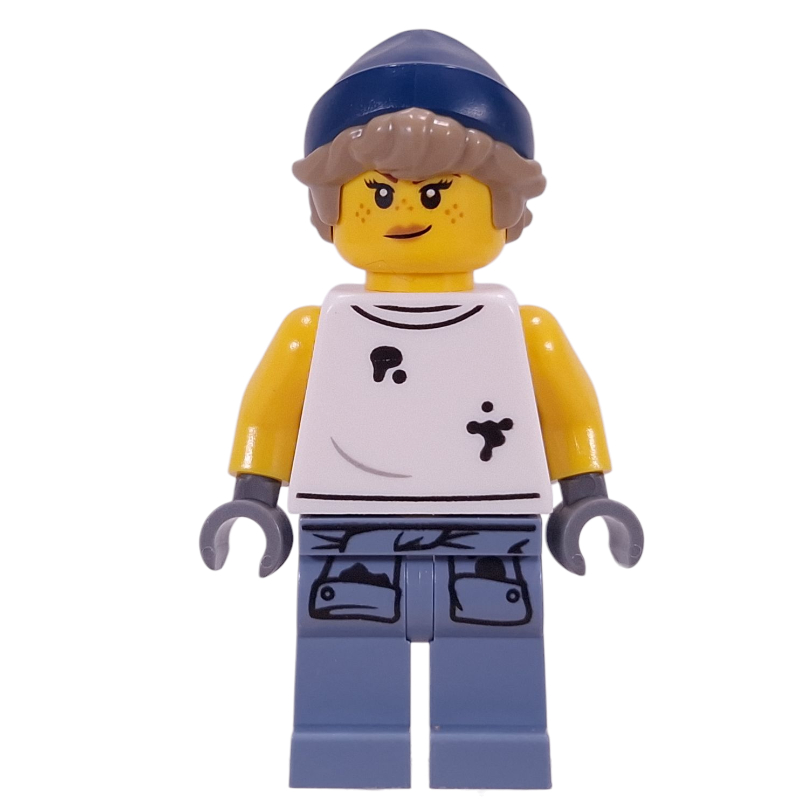 Mécanicien, gilet blanc sale, jambes bleu sable, chapeau bleu foncé (Mechanic, Dirty White Vest, Sand Blue Legs, Dark Blue Hat)