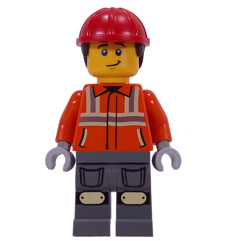 Travailleur de la construction, veste de sécurité orange rougeâtre, jambes gris bleuté foncé, casque rouge (Construction Worker, Reddish Orange Safety Jacket, Dark Bluish Gray Legs, Red Helmet)
