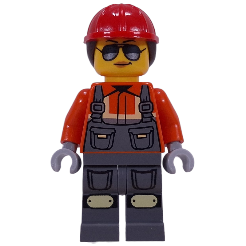 Ouvrier de chantier, veste de sécurité orange rougeâtre, salopette, casque rouge, cheveux brun rougeâtre (Construction Worker, Reddish Orange Safety Jacket, Overalls, Red Helmet, Reddish Brown Hair)