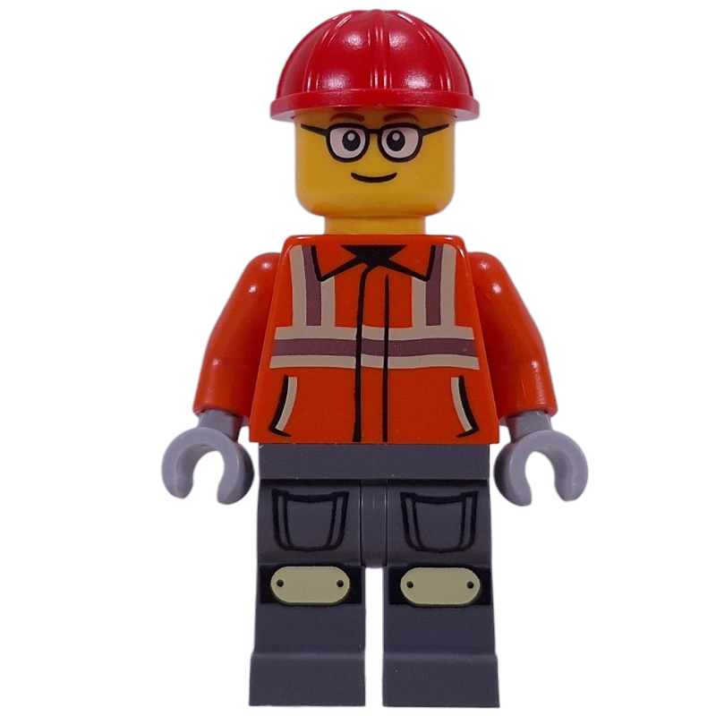 Ouvrier de chantier, veste de sécurité orange rougeâtre, casque rouge (Construction Worker, Reddish Orange Safety Jacket, Red Helmet)