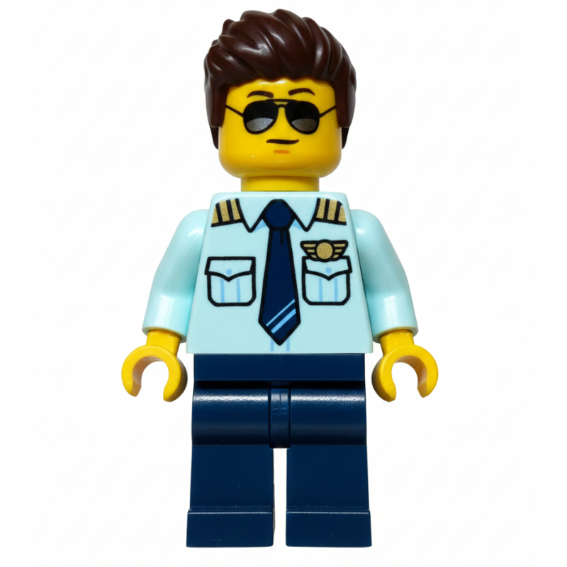 Pilote, chemise vert d’eau clair, jambes bleu foncé, cheveux bruns foncés (Pilot, Light Aqua Shirt, Dark Blue Legs, Dark Bronw Hair)