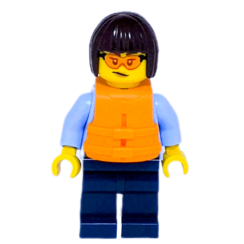 Policier, chemise bleu clair vif, jambes bleu foncé, gilet de sauvetage orange (Police Officer, Bright Light Blue Shirt, Dark Blue Legs, Orange Life Jacket)