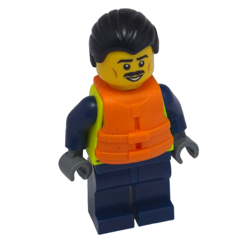 Policier, gilet de sécurité jaune vif, jambes bleu foncé, gilet de sauvetage orange (Police Officer, Vibrant Yellow Safety Vest, Dark Blue Legs, Orange Life Jacket)