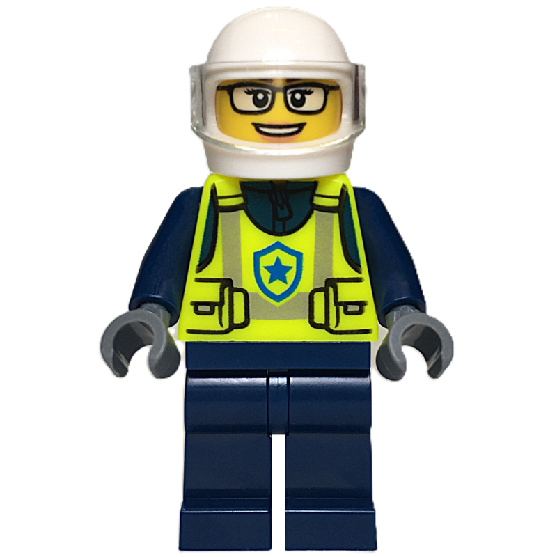 Policier, gilet de sécurité jaune vif, jambes bleu foncé, casque blanc (Police Officer, Vibrant Yellow Safety Vest, Dark Blue Legs, White Helmet)