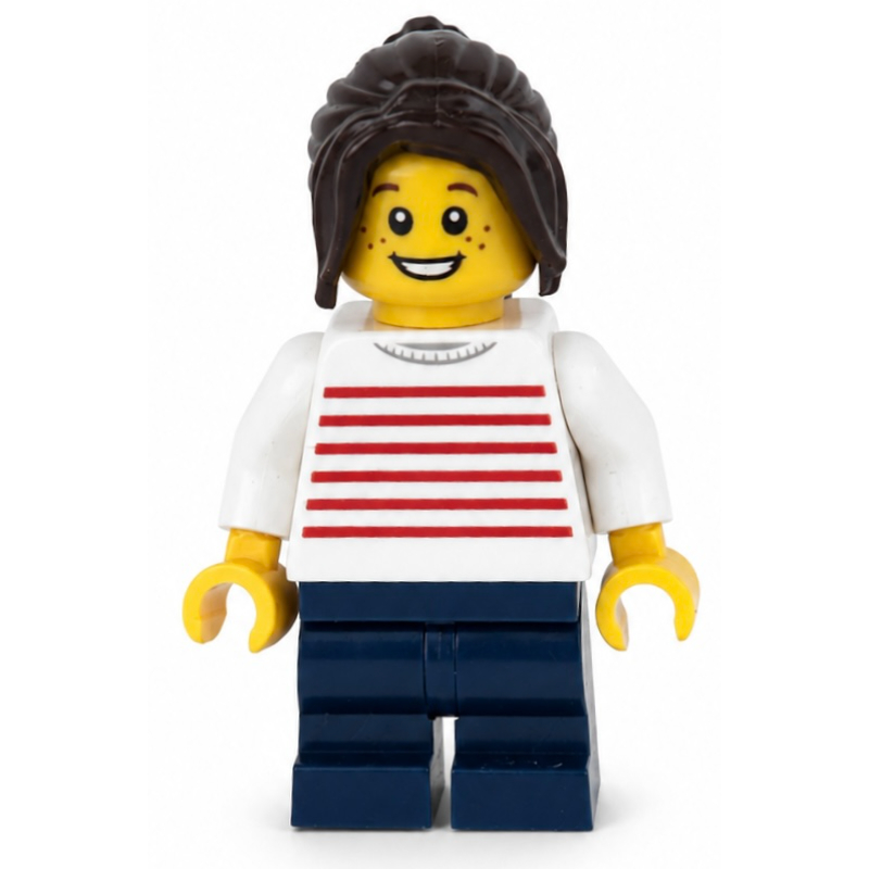 Enfant, torse blanc, jambes moyennes bleu foncé, cheveux brun foncé (Kid, White Torso, Dark Blue Medium Legs, Dark Brown Hair)