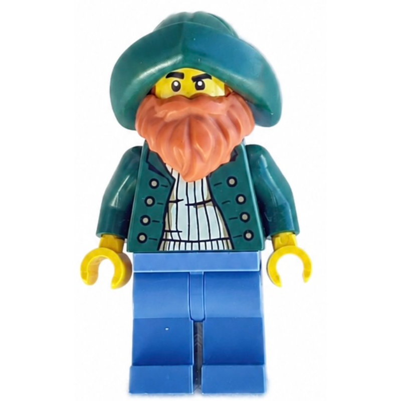 Capitaine, torse beige foncé, jambes bleu sable, chapeau vert foncé, barbe orange foncé (Captain, Dark Tan Torso, Sand Blue Legs, Dark Green Hat, Dark Orange Beard)