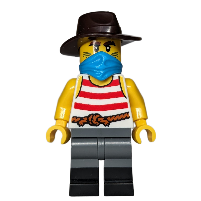 Braqueur, torse blanc, jambes gris bleuté foncé, fedora, masque (Robber, White Torso, Dark Bluish Grey Legs, Fedora, Mask)