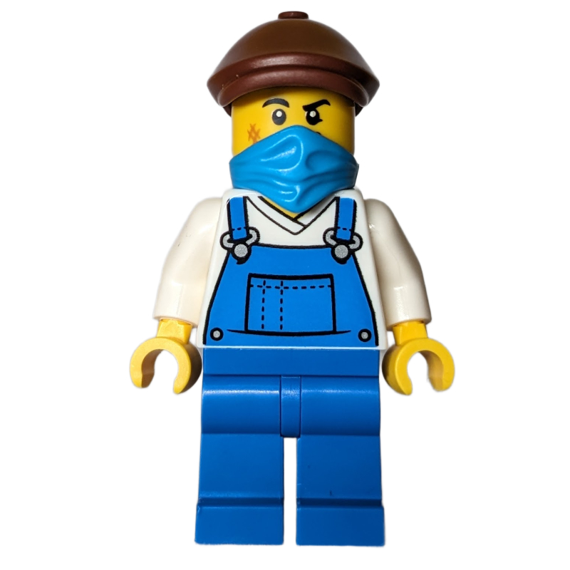 Conducteur de train, salopette bleue, masque, casquette brun rougeâtre (Train Driver, Blue Overalls, Mask, Reddish Brown Cap)